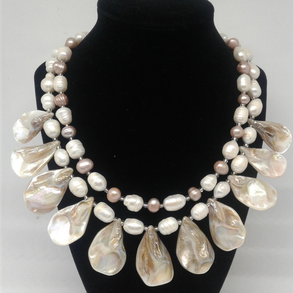 White and Pale Pink Freshwater Pearl Bib Necklace